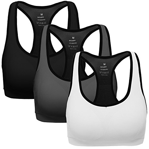 MIRITY Women Racerback Sports Bras - High Impact Workout Gym Activewear Bra Pack of 3 Color Black Grey White Size M