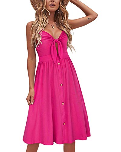 VOTEPRETTY Women's 2023 Summer Dresses Pink V Neck Tie Front Vacation Beach Casual Barbie Sundress with Pockets (Rose,XXL)