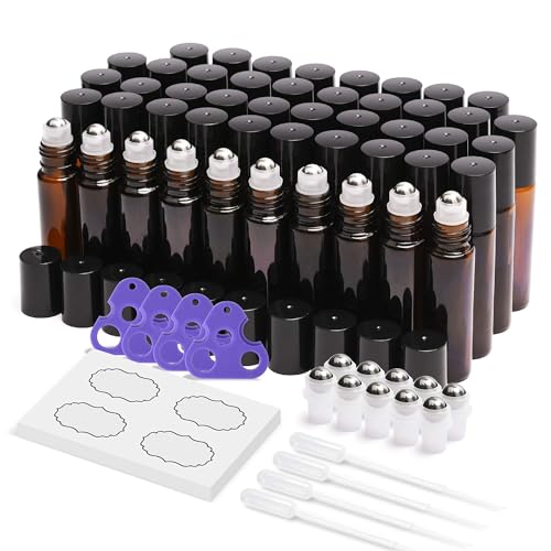 ULG Essential Oil Roller Bottles 48 Pack 10 ml Amber Glass Empty Bottles with Stainless Steel Roller Balls (10 extra balls, 4 Openers, 4 Droppers, 48 Waterproof Labels)