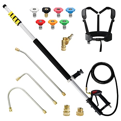 janz 24 FT, Aluminum Telescoping Pressure Washer Wand with 2 Pressure Washer Extension Wands,Gutter Cleaner Attachment, 7 Spray Nozzle Tips, 2 Hose Inlet Adapters, Pivoting Coupler and Support Harness