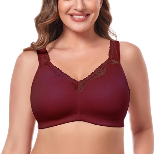TELIMUSSTO Women's Plus Size Soft Cotton Lace Bra Full Coverage Wirefree Non-Padded 46I Wine Red