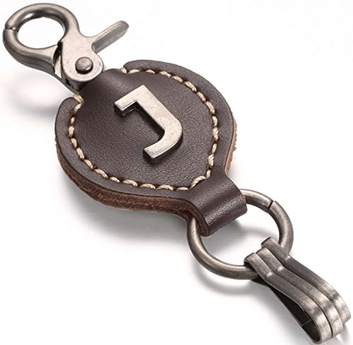 Leather Keychain For Men, Single Letter Alphabet with Easy Clasp - J - Rich Brown - One Size