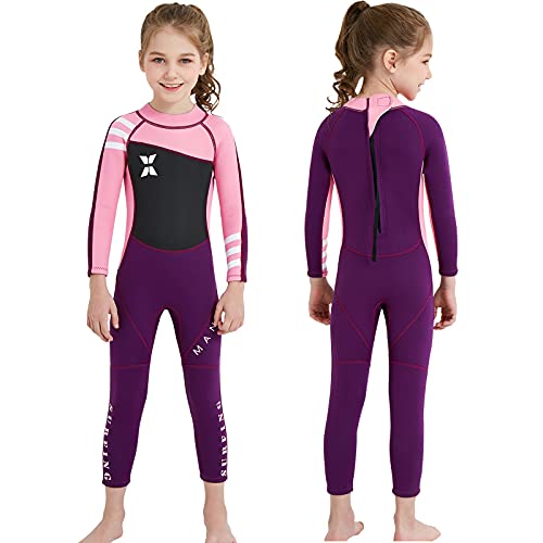 NATYFLY Kids Wetsuit, 2.5mm Neoprene Thermal Swimsuit, Full Wetsuit for Girls Boys and Toddler, Long Sleeve Kids Wet Suits for Swimming (New Pink-Girls Wetsuit-2.5mm, 8)