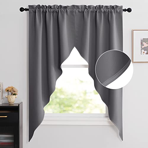 NICETOWN Blackout Window Treatment Pole Pocket Kitchen Tier Curtains- Tailored Scalloped Valance/Swags for Living Room (One Pair, 36 Wide by 63-inches Long Each Panel, Grey)