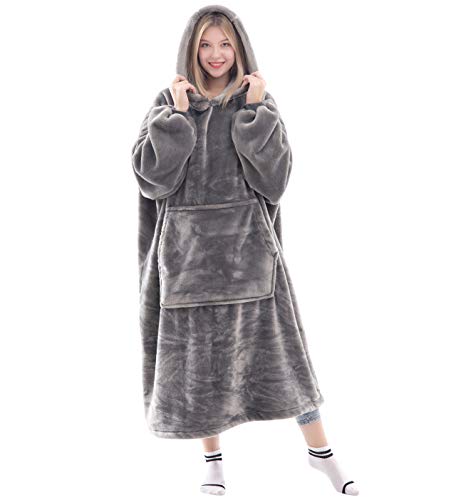 Waitu Wearable Blanket Sweatshirt for Women and Men, Super Warm and Cozy Giant Blanket Hoodie, Thick Flannel Blanket with Sleeves and Giant Pocket - Gray