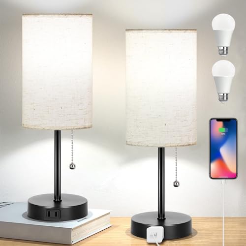 Kukobo Table Lamps Set of 2, Bedside Lamp for Bedroom, Small Table lamp for Nightstand Living Room, 5000K Pull Chain Desk Lamp with AC Outlet 2PK Black(2 Blubs Included).