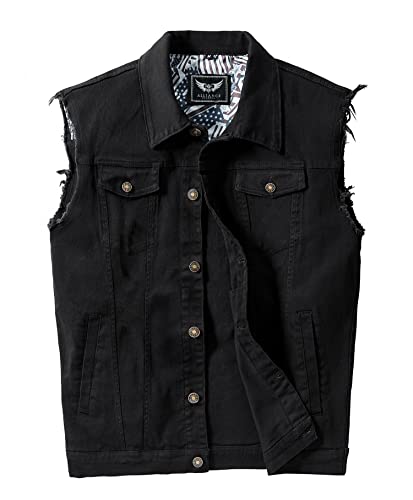RongYue Men's Casual Button-Down Denim Vest Sleeveless Jacket with Broken Holes, Black, Large