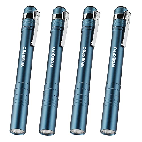 WORKPRO LED Pen Light, Aluminum Pen Flashlights, Pocket Flashlight with Clip for Inspection, Emergency, Everyday, 8AAA Batteries Included, Blue (4-Pack)