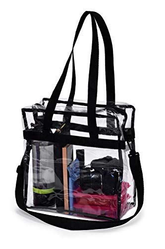 Handy Laundry Clear Tote Bag Stadium Approved - Shoulder Straps and Zippered Top. Perfect Clear Bag for Work, School, Sports Games and Concerts. Meets Stadium Tournament Guidelines. (Black)