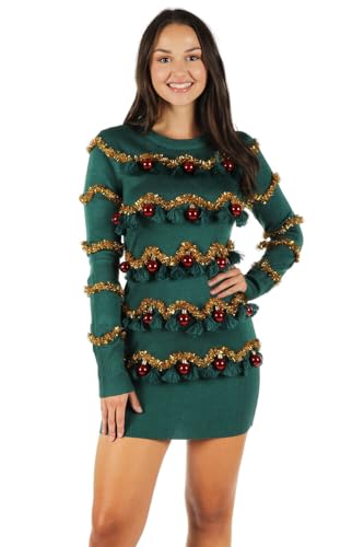 Tipsy Elves Tasseled Green Christmas Tree Sweater Dress for Holidays and Parties Size Small