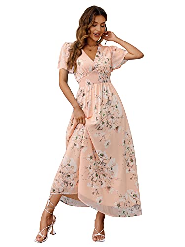 Simplee Women Boho Floral Maxi Dress Flowy Casual V Neck Short Sleeve Wedding Guest Holiday Beach Long Dress (M Pink)