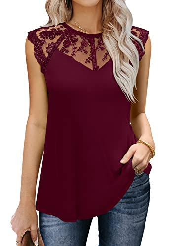 MIHOLL Women's Lace Floral Shirts Crew Neck Cap Sleeve Ruffle Loose Flowy 2024 Summer Tank Tops（Wine red,Large）