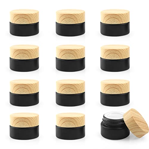BOSMIOW 12 Pcs Black Frosted Glass Jar 5g Cosmetic Cream Jar Empty Refillable Sample Jars Travel Makeup Container Pot Jar For Cosmetic, Lotion, Cream