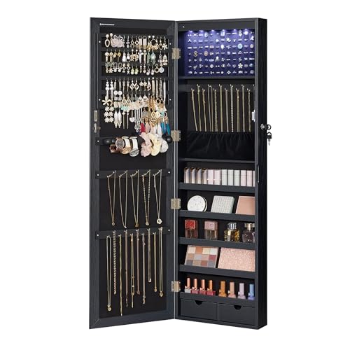 SONGMICS 6 LEDs Mirror Jewelry Cabinet, 47.2-Inch Tall Lockable Wall or Door Mounted Jewelry Armoire Organizer with Mirror, 2 Drawers, 3.9 x 14.6 x 47.2 Inches, Black UJJC093B01
