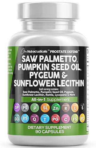 Clean Nutraceuticals Saw Palmetto 10000mg Pumpkin Seed Oil 3000mg Pygeum 3000mg Sunflower Lecithin 3000mg Stinging Nettle Cranberry - Prostate Supplements for Men with Lycopene - 90 Caps