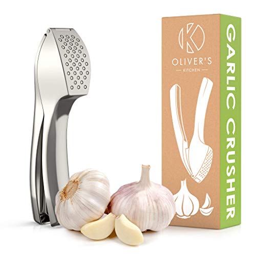 Oliver's Kitchen  Premium Garlic Press - Super Easy to Use & Clean Garlic Crusher & Mincer - Crush Garlic & Ginger Effortlessly (No Need to Peel) - Built for Life - Strong & Durable (Silver)