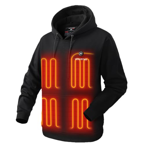 Venustas Pullover Heated Hoodie with battery pack 7.4V for Unisex with 5 heating zones, heated sweatshirt for men and women Black