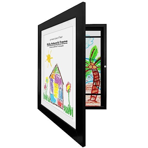 Americanflat 10x12.5 Kids Art Frame - Front Loading Picture Frame - Use as 8.5x11 Frame with Mat or 10x12.5 Frame Without Mat - My Mini Masterpiece - Holds 100 Artworks - Black