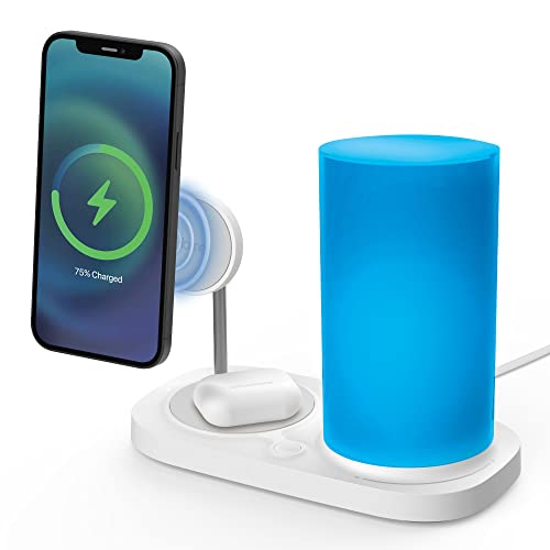 iHome Magnetic Power Station, 5W Wireless Charging Pad, 7.5W Magnetic Wireless Charger with Color Changing LED Lamp for iPhone 12/13, Compatible with MagSafe Cases