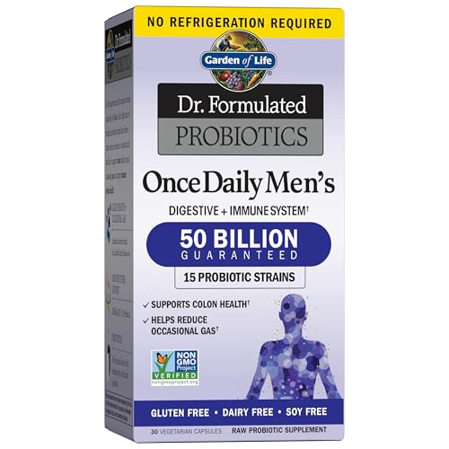 Garden of Life Probiotics for Men Dr Formulated 50 Billion CFU 15 Probiotics + Organic Prebiotic Fiber for Digestive, Colon & Immune Support, Daily Gas Relief, Dairy Free, Shelf Stable, 30 Capsules