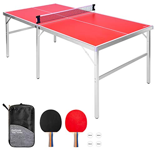 GoSports Mid-Size Table Tennis Game Set - Indoor/Outdoor Portable Table Tennis Game with Net, 2 Table Tennis Paddles and 4 Balls,Red