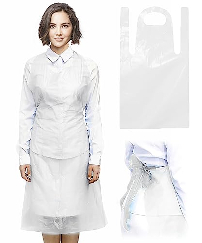 ABC Pack of 50 White Polyethylene Aprons 28 x 46 Disposable Unisex Aprons 2 Mil Lightweight Industrial Poly Aprons 28x46 for Food Industry Cooking Painting Hair Dressers Makeup Class, Wholesale Price