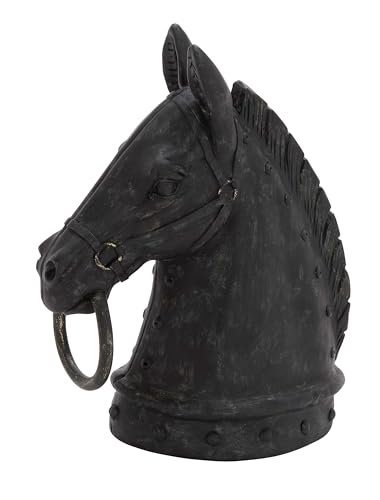Deco 79 Polystone Horse Decorative Sculpture Antique Style Head Home Decor Statue with Hitching Post and Gold Accents, Accent Figurine 9' x 6' x 12', Black