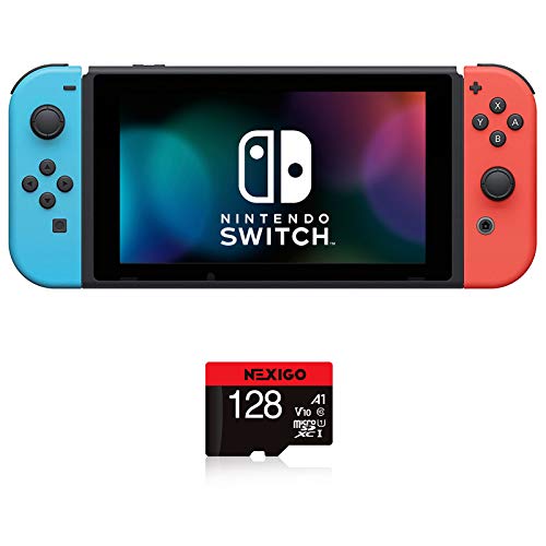 Nintendo Newest Switch with Neon Blue and Neon Red Joy-Con Family Christmas Holiday Bundle - 6.2' Touchscreen LCD Display, Bluetooth- Blue and Red + NexiGo_128GB MicroSD Card Bundle