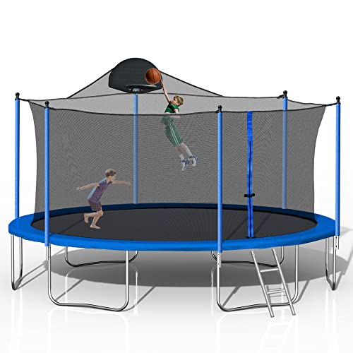 DHHU 14 FT Trampoline with Enclosure Net, Basketball Hoop and Ladder, Outdoor Kids Recreational Trampolines for Backyard Kids Adults, ASTM Approval, Double-Side Color Cover