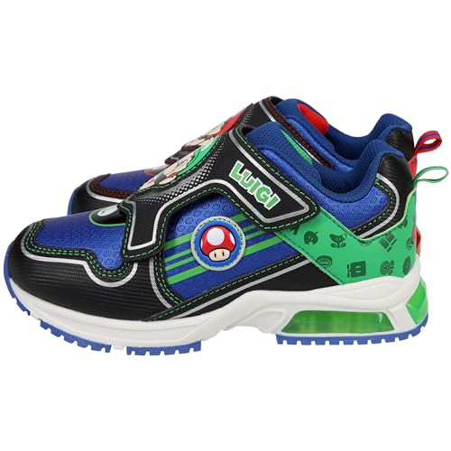 Super Mario Light-Up Running Shoes for Boys, Mario & Luigi Mismatch Sneaker with Hook-and-Loop Strap, Black/Blue, Little Kid Size 12