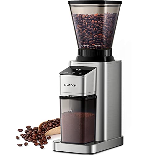 SHARDOR Conical Burr Coffee Grinder Electric, Adjustable Touchscreen Burr Mill with 48 Precise Settings, Precision Electronic Timer, Anti-static, Brushed Stainless Steel