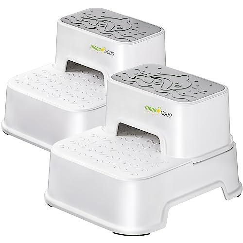 Two Step Stool for Kids, Double up Baby Child Toddler Stepping Stool for Potty Training,Bathroom Sink,Kitchen,Toilet Stool with Anti-Slip Strips for Safety, Stackable, Wide Step (2 Packs White)