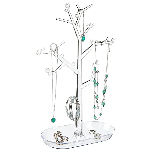 mDesign Decorative Plastic Fashion Jewelry Accessory Organizer Tower with Hooks and Storage Tray - Holds and Displays Necklaces, Chokers, Bracelets, Rings, Earrings - Tree Stand Design - Clear