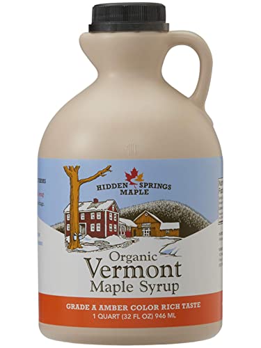 Hidden Springs Maple Organic Vermont Maple Syrup, Grade A Amber Rich, 32 Ounce, 1 Quart, Family Farms, BPA-free Jug