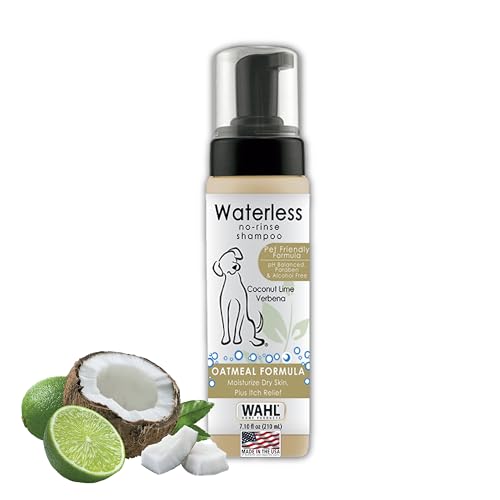 Wahl USA Pet Friendly Waterless No Rinse Shampoo for Animals – Oatmeal & Coconut Lime Verbena for Cleaning, Conditioning, Detangling & Moisturizing Dogs, Cats & Horses – 7.1 Oz - Model 820015A