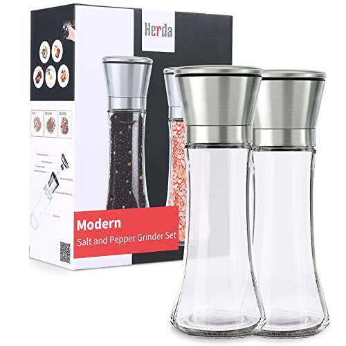 Herda Salt and Pepper Grinder - Refillable 304 Brushed Stainless Steel Shaker - Adjustable Ceramic Sea Salt & Pepper Grinder - Tall Glass Salt- Pepper Mill & Salt Mill (2Pcs)