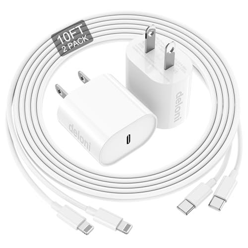 deloni iPhone Charger Fast Charging, [MFi Certified] 10 FT Long USB C to Lightning Cable with 20W USB C Rapid Charging Block, Fast Charger for iPhone 14 Pro/13Pro Max/12/11Pro/Mini/XR/8/Pad, 2 Pack