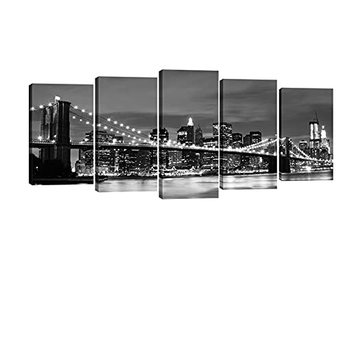 Wieco Art New York Brooklyn Bridge Canvas Wall Art Night View 5 Panels Modern Landscape Artwork Canvas Prints Abstract Pictures to Photo Canvas Wall Decor for Home & Office Decorations