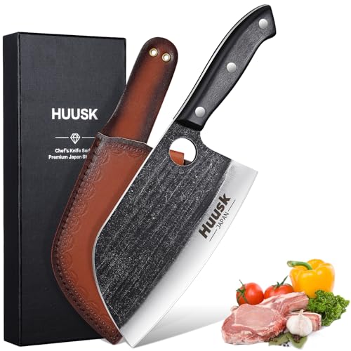 Huusk Serbian Chef Knife Hand Forged Meat Cleaver with Sheath High Carbon Steel Full Tang Knife Heavy Duty Butcher Knife for Kitchen or Camping Outdoor Christmas Gifts