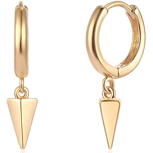 Mevecco Gold Dainty Dangle Hoop Earrings for Women 14K Gold Plated Delicate cute Geometric Triangle Cone Dangle Earrings(awl)