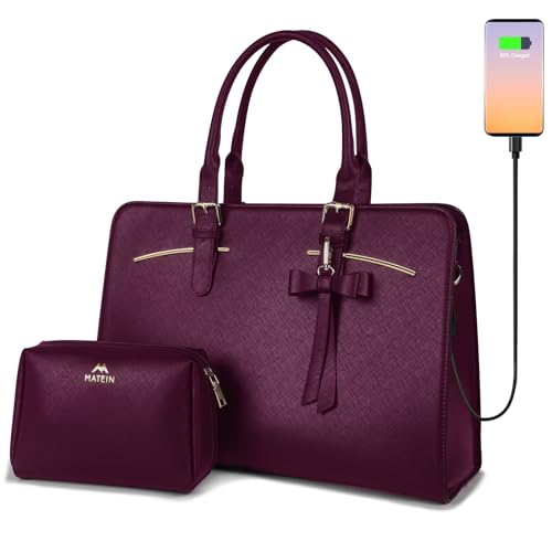 MATEIN Laptop Bag for Women, Large Laptop briefcase for 15.6 Inch Computer Waterproof PU Leather Shoulder Bag with USB Port, Fashion Business Office Work Tote Bag Handbag Purse 2pcs Set, Dark Purple