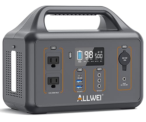 ALLWEI Portable Power Station 500W(Peak 1000W), 461Wh Outdoor Solar Generator PD60W USB-C, 124800mAh Lithium Battery Backup with 2 * 110V AC Outlet for RV/Van Camping CPAP Emergency Power Outage Home