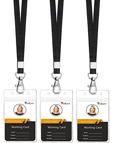 Teskyer Lanyards for Cruise Ship Cards, Lanyards with Waterproof Extra Thick Plastic Clear Badge Holders, Resealable Zip ID Card Holder, 2.5' x 3.5' Inner Size, Vertical Style, Set of 3, Black