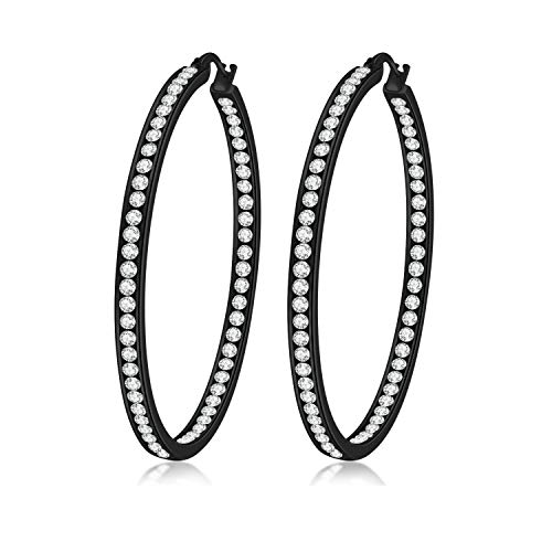 CiNily Black Gold Plated Stainless Steel Hoop Earrings for Women Cubic Zirconia Big Hoop Earrings 2'