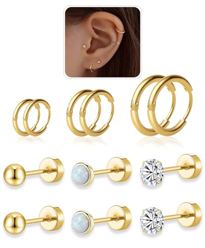 Flat Back Stud Earrings and Small Hoops Earrings Sets for Multiple Piercing for Women Men Girls,Lightweight 14K Gold Plated Small Huggie Hoop Earrings Flat Back Tiny 4mm Ball/Opal/Cubic Zirconia Stud Earrings for Cartilage, Helix, Lobe,Hypoallergenic(6 Pairs)