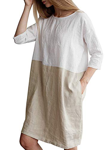 Famulily Women's Oversized 3 4 Sleeve Two Tone Colors Loose T Shirt Dress with Pockets (Medium, Light Khaki)