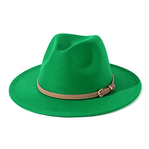 Lisianthus Women Classic Felt Fedora Wide Brim Hat with Belt Buckle Forest-Green