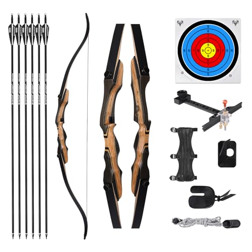 Motion Zeus Wooden Takedown Recurve Bow for Adult & Youth Beginner，62' Recurve Bow and Arrow Set for Outdoor Training Practice，Hunting Bow Set Right/Left Hand（20-55LBs） (30LB, Right Hand)
