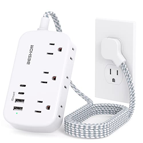 Flat Extension Cord, 5FT Flat Plug Power Strip with USB C, 6 Outlets 4 USB Port(2 USB C), No Surge Protector, Cruise Ship, Dorm Room Travel Essentials