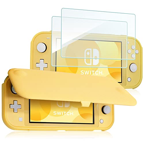 ProCase Flip Cover for Nintendo Switch Lite with 2 Pack Tempered Glass Screen Protectors, Slim Protective Case with Magnetically Detachable Front Cover for Nintendo Switch Lite 2019 -Yellow